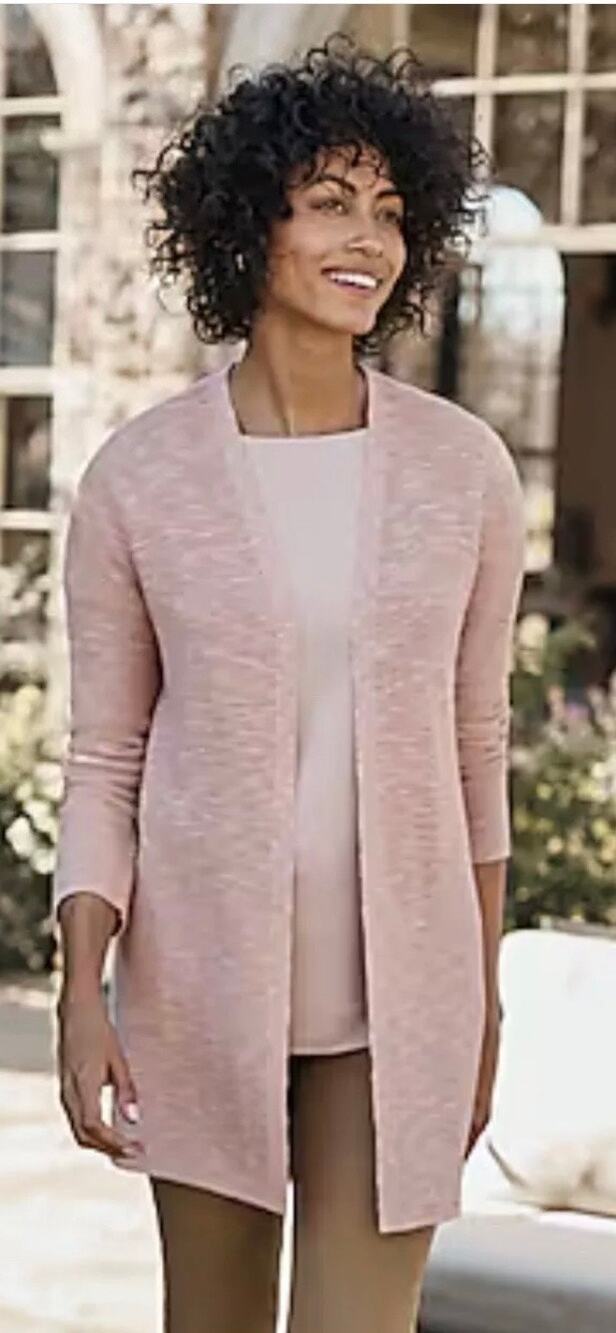 J. Jill Size M Trellis Cotton Linen Blend Open Front Ribbed Cardigan Rose Quartz